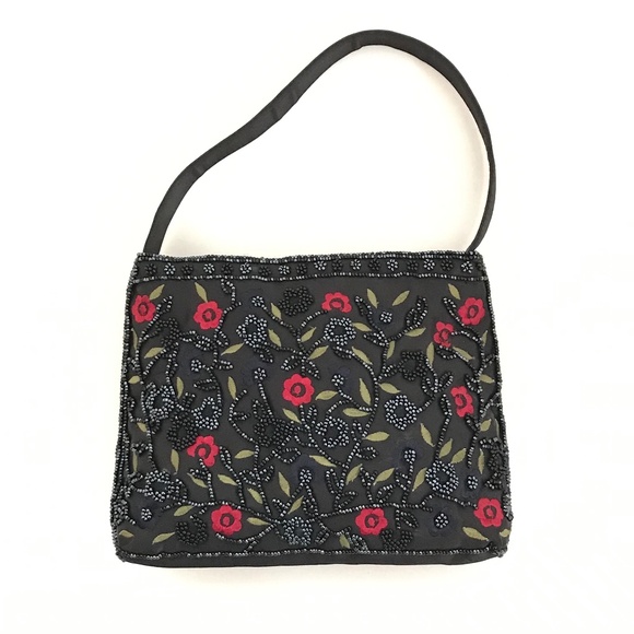 HILLARD & HANSON Black Beaded Mini Bag Floral - Picture 1 of 14